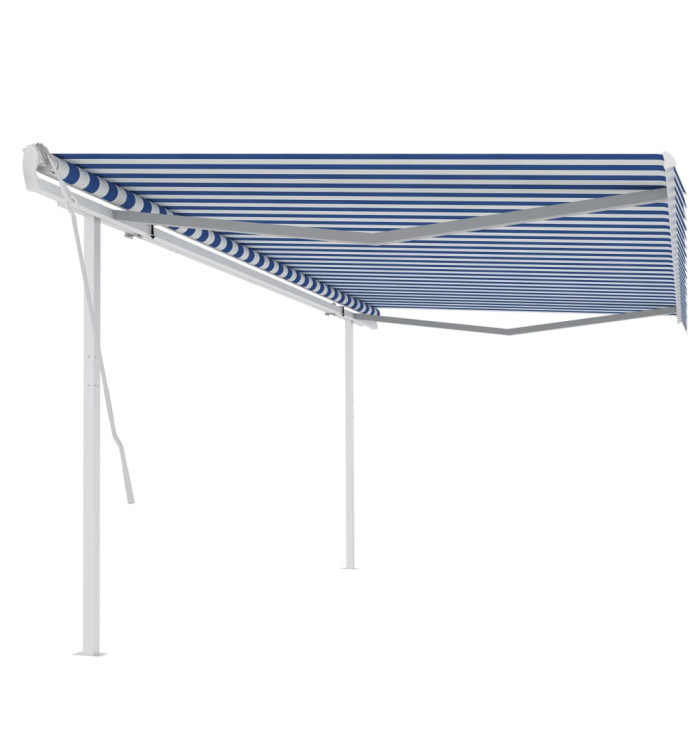 Auvent manuel rétractable avec poteaux 5x3,5 m Bleu et blanc | Mobilier & Déco