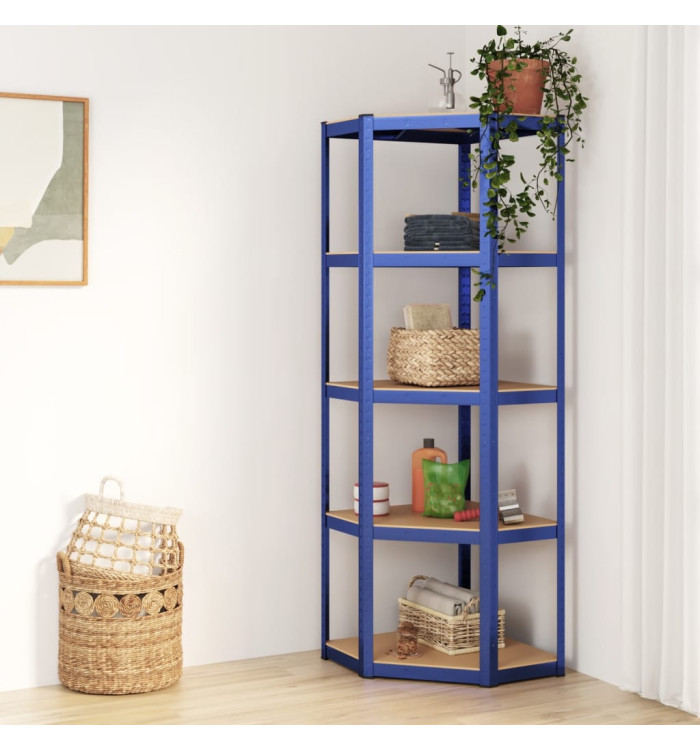 Étagère d'angle à 5 niveaux Bleu Acier et bois d'ingénierie | Mobilier & Déco