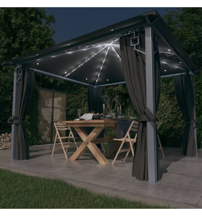 Tonnelle avec rideau et lumières LED 3x3 m Anthracite Aluminium | Mobilier & Déco