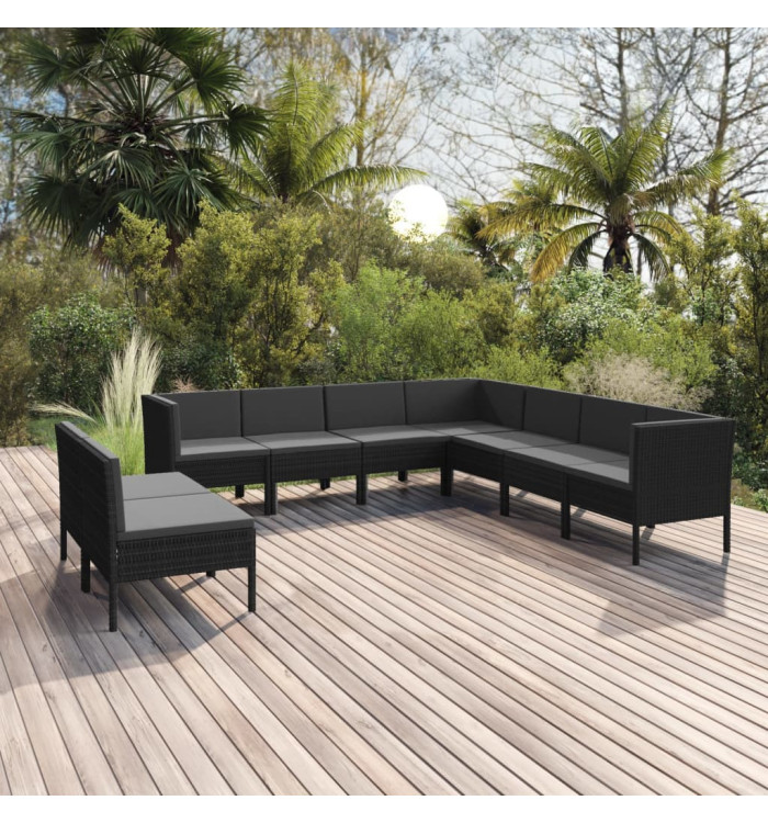 Salon de jardin 9 pcs avec coussins Résine tressée Noir | Mobilier & Déco