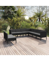 Salon de jardin 9 pcs avec coussins Résine tressée Noir | Mobilier & Déco