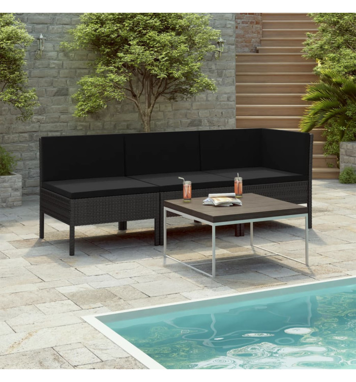 Salon de jardin 3 pcs avec coussins Résine tressée Noir | Mobilier & Déco