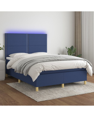 Sommier à lattes de lit et matelas et LED Bleu 140x190 cm Tissu | Mobilier & Déco