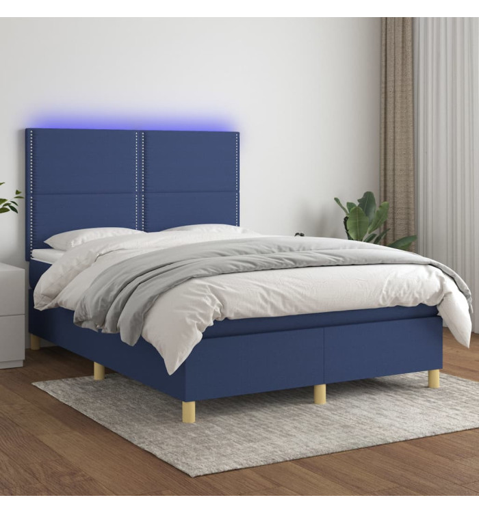 Sommier à lattes de lit et matelas et LED Bleu 140x190 cm Tissu | Mobilier & Déco