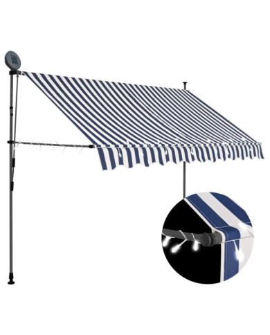 Auvent manuel rétractable avec LED 250 cm Bleu et blanc | Mobilier & Déco