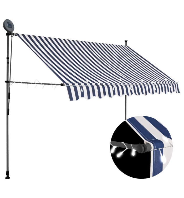 Auvent manuel rétractable avec LED 250 cm Bleu et blanc | Mobilier & Déco