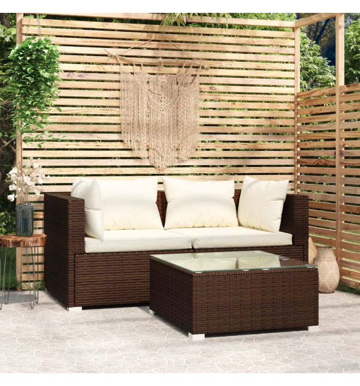 Salon de jardin 3 pcs avec coussins marron résine tressée | Mobilier & Déco