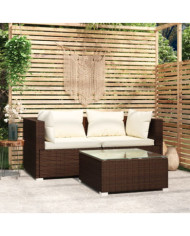 Salon de jardin 3 pcs avec coussins marron résine tressée | Mobilier & Déco