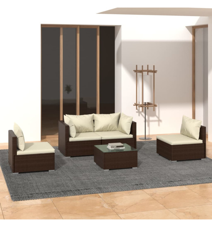 Salon de jardin 5 pcs avec coussins Résine tressée Marron | Mobilier & Déco