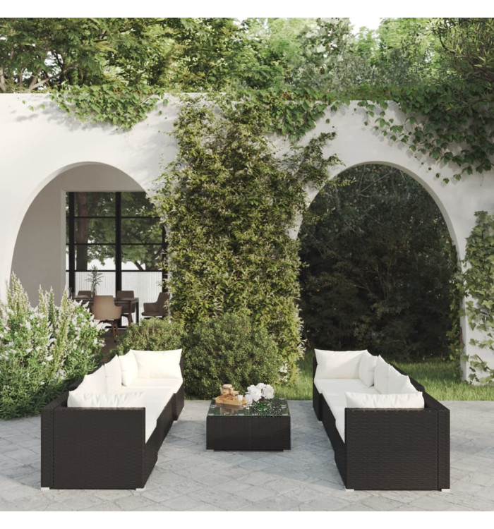 Salon de jardin 9 pcs avec coussins Résine tressée Noir | Mobilier & Déco