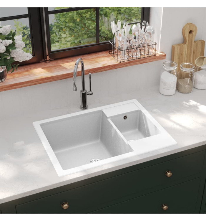 Évier de cuisine deux lavabos trou de trop-plein Blanc Granit | Mobilier & Déco