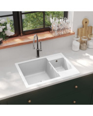 Évier de cuisine deux lavabos trou de trop-plein Blanc Granit | Mobilier & Déco