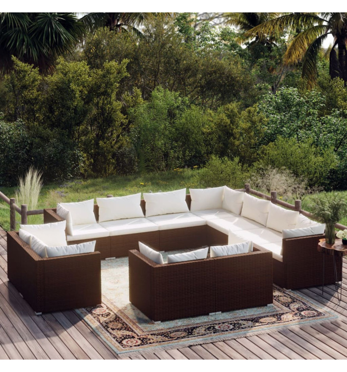 Salon de jardin 11 pcs avec coussins Marron Résine tressée | Mobilier & Déco