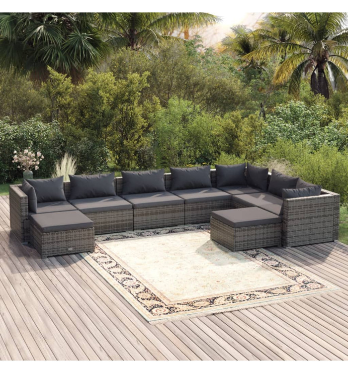 Salon de jardin 9 pcs avec coussins Résine tressée Gris | Mobilier & Déco