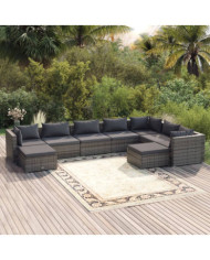 Salon de jardin 9 pcs avec coussins Résine tressée Gris | Mobilier & Déco