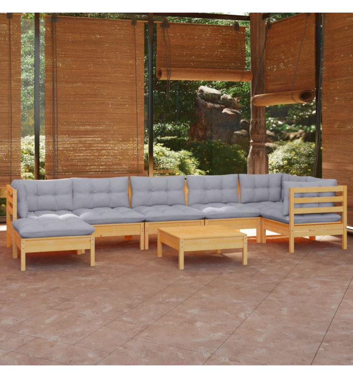Salon de jardin 8 pcs avec coussins gris Bois de pin massif | Mobilier & Déco