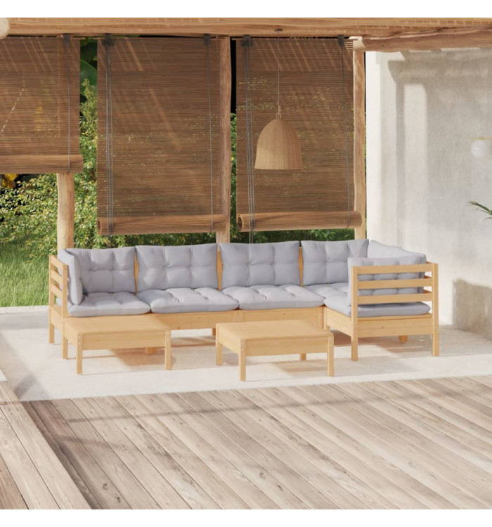 Salon de jardin 7 pcs avec coussins gris bois de pin massif | Mobilier & Déco