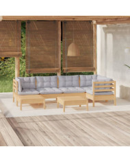 Salon de jardin 7 pcs avec coussins gris bois de pin massif | Mobilier & Déco
