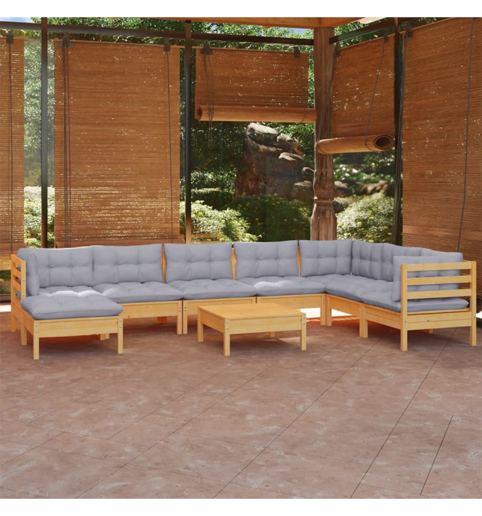 Salon de jardin 9 pcs avec coussins gris bois de pin massif | Mobilier & Déco
