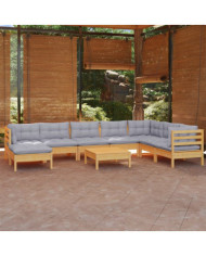Salon de jardin 9 pcs avec coussins gris bois de pin massif | Mobilier & Déco
