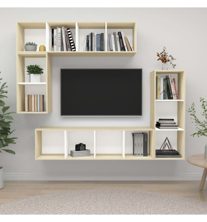 Ensemble meubles TV 4 pcs Blanc/chêne sonoma Bois d'ingénierie | Mobilier & Déco