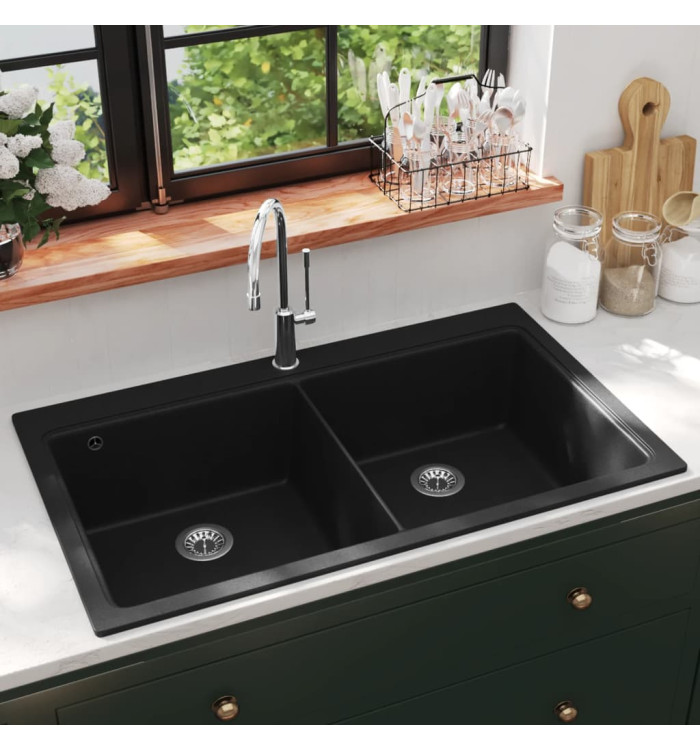 Évier de cuisine encastrable à 2 bacs en granite noir | Mobilier & Déco
