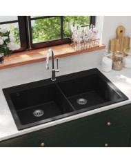 Évier de cuisine encastrable à 2 bacs en granite noir | Mobilier & Déco