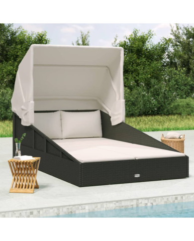 Transat avec toit pliable noir 200x114x128 cm résine tressée | Mobilier & Déco