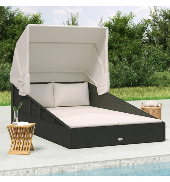 Transat avec toit pliable noir 200x114x128 cm résine tressée | Mobilier & Déco