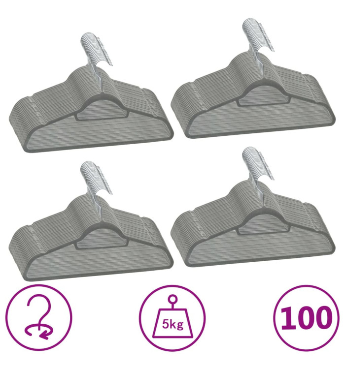 Cintres antidérapants 100 pcs Gris Velours | Mobilier & Déco