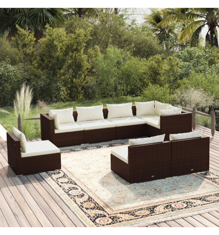 Salon de jardin 8 pcs avec coussins résine tressée marron | Mobilier & Déco