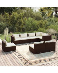 Salon de jardin 8 pcs avec coussins résine tressée marron | Mobilier & Déco