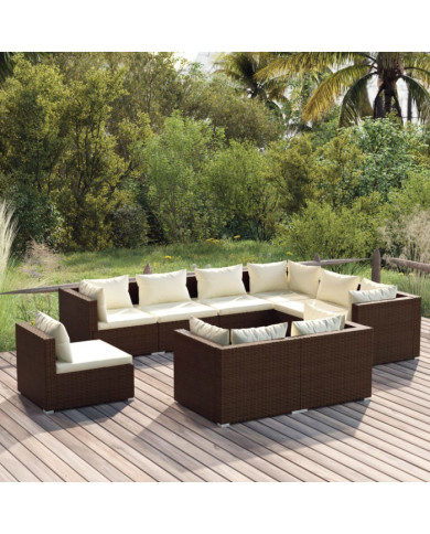 Salon de jardin 9 pcs avec coussins Résine tressée Marron | Mobilier & Déco