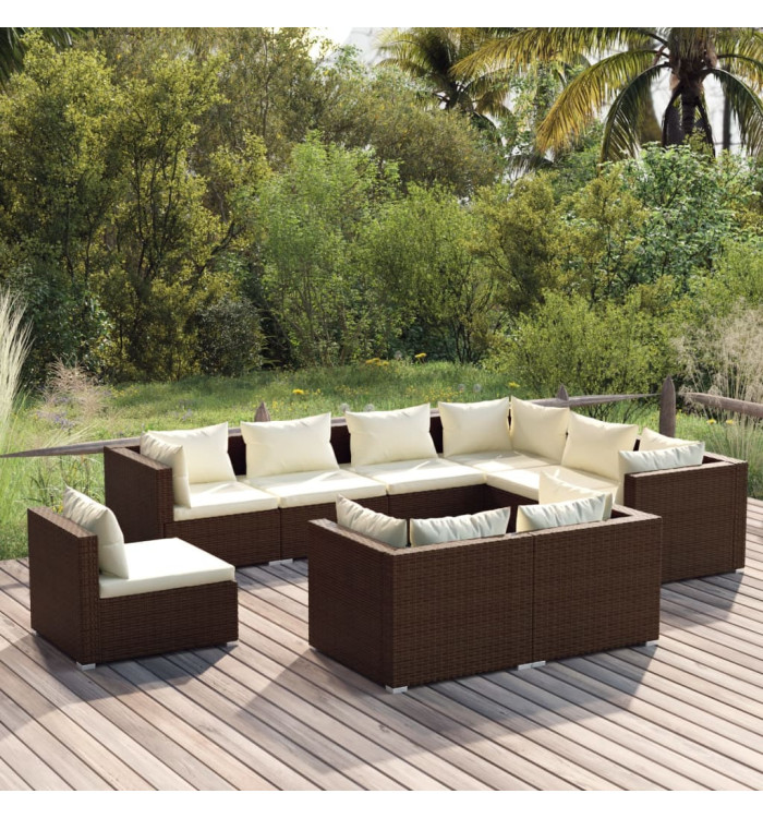 Salon de jardin 9 pcs avec coussins Résine tressée Marron | Mobilier & Déco