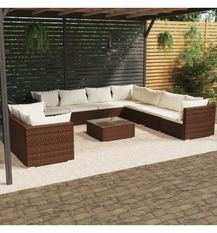 Salon de jardin 10 pcs avec coussins marron résine tressée | Mobilier & Déco