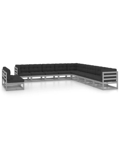 Salon de jardin 11 pcs avec coussins Gris Bois de pin massif | Mobilier & Déco