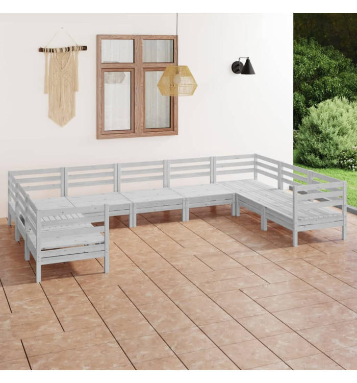 Salon de jardin 9 pcs Blanc Bois de pin massif | Mobilier & Déco