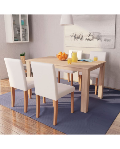 Table et chaises 5 pcs Cuir synthétique Chêne Couleur crème | Mobilier & Déco