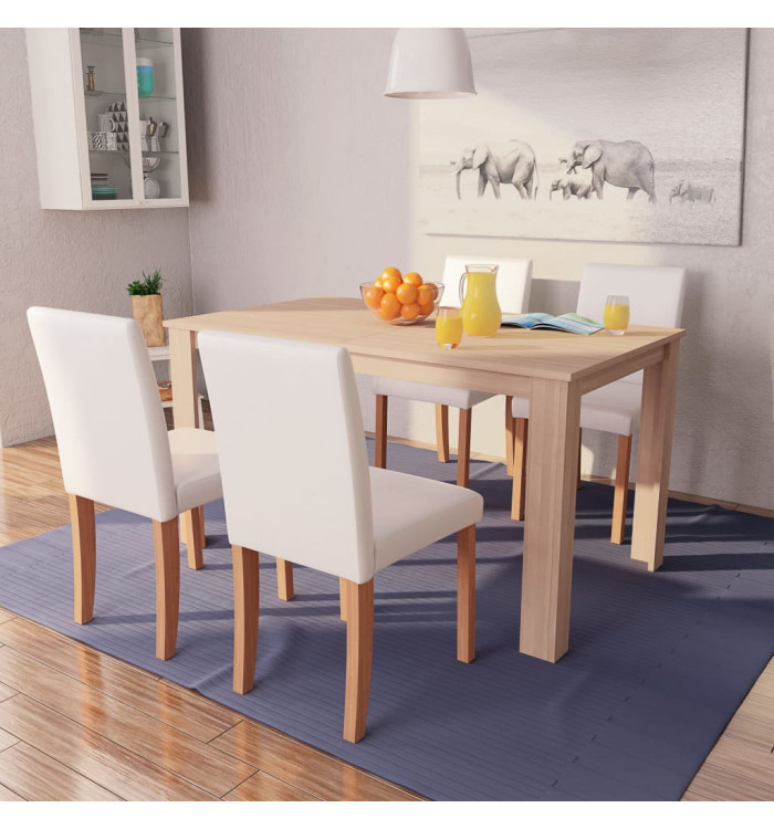 Table et chaises 5 pcs Cuir synthétique Chêne Couleur crème | Mobilier & Déco