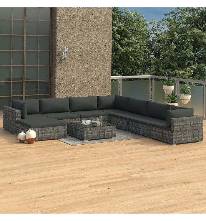 Salon de jardin 9 pcs avec coussins Résine tressée Gris | Mobilier & Déco