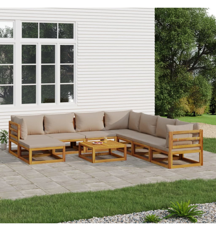Salon de jardin 9 pcs avec coussins taupe bois massif | Mobilier & Déco