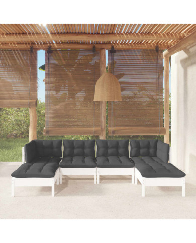 Salon de jardin 6 pcs avec coussins blanc bois de pin | Mobilier & Déco