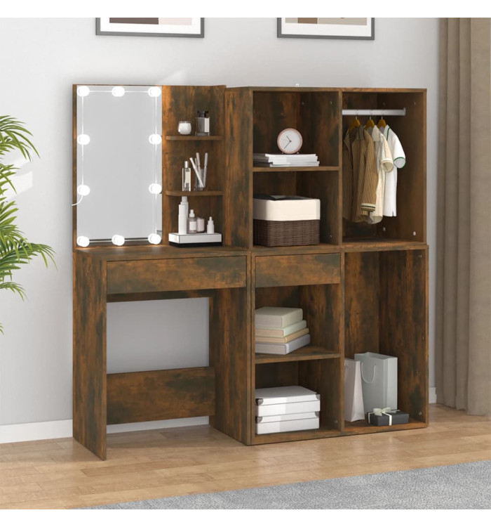 Coiffeuse à LED avec armoires Chêne fumé Bois d'ingénierie | Mobilier & Déco