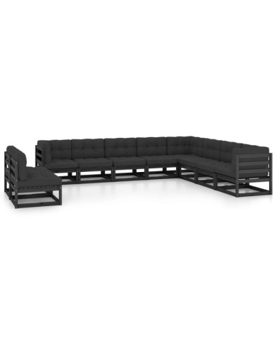 Salon de jardin 10 pcs avec coussins Noir Bois de pin massif | Mobilier & Déco