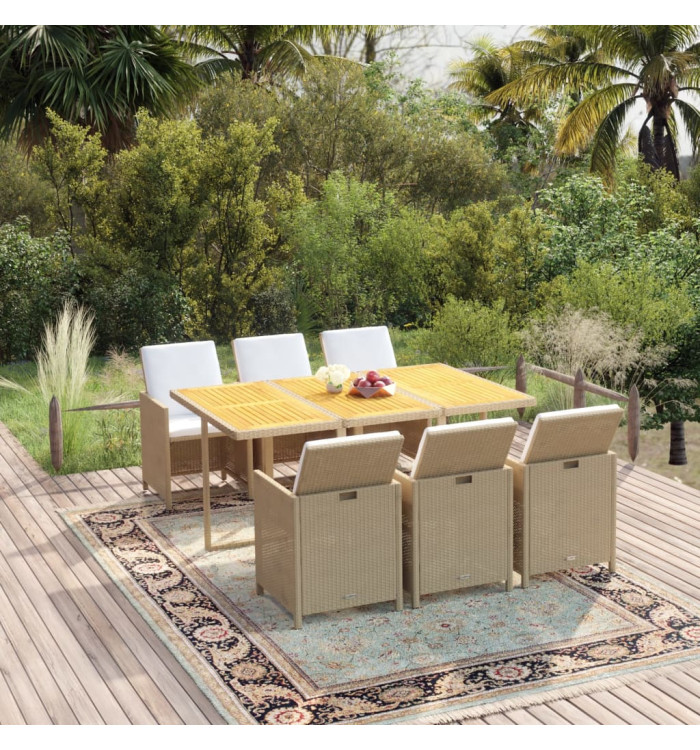 Ensemble à manger de jardin et coussins 7 pcs Poly rotin Beige | Mobilier & Déco