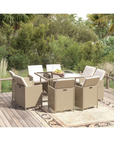 Ensemble à manger de jardin et coussins 9 pcs Poly rotin Beige | Mobilier & Déco