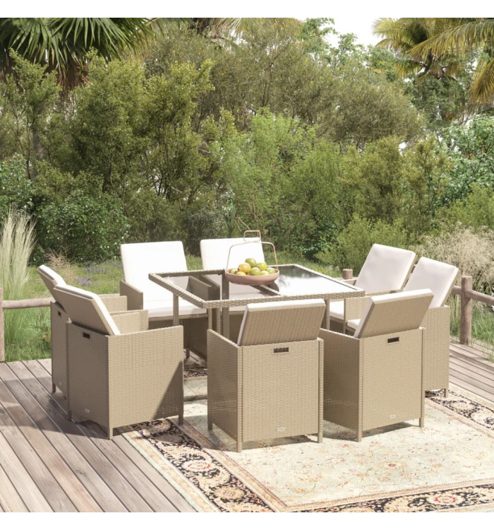Ensemble à manger de jardin et coussins 9 pcs Poly rotin Beige | Mobilier & Déco
