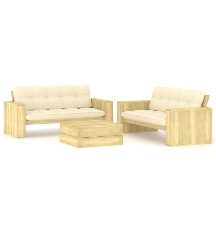 Salon de jardin 3 pcs avec coussins bois de pin imprégné | Mobilier & Déco