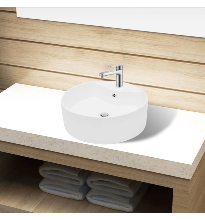 Lavabo à trou de trop-plein/robinet céramique Blanc Rond | Mobilier & Déco