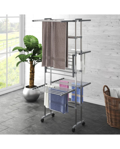 Étagère à linge à 3 niveaux avec roues Argenté 60x70x129 cm | Mobilier & Déco